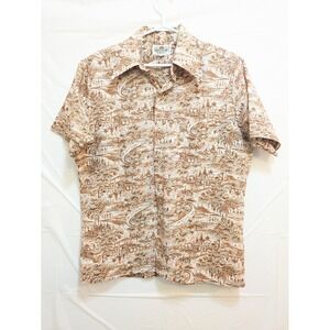 Fruit of the Loom Men's M Vintage Korea Scenic Print Button Up Short Sleeve Shir